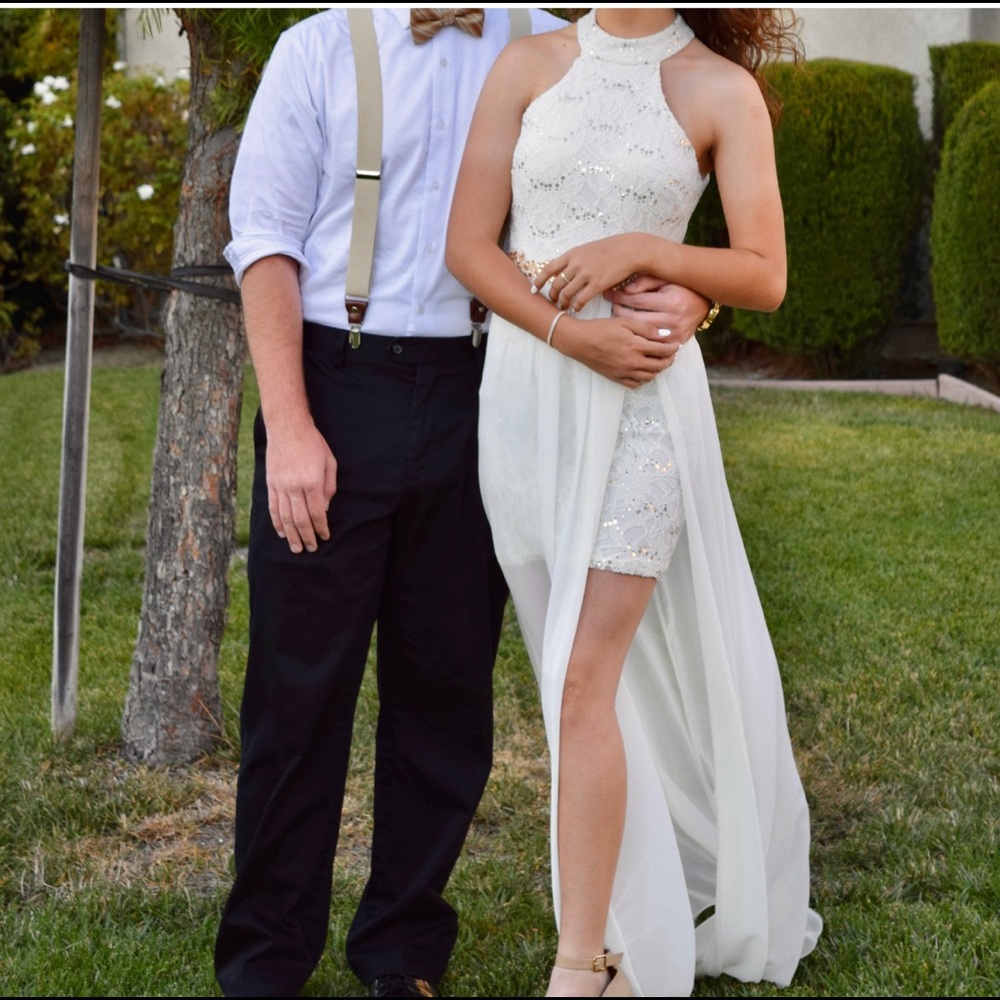 White Short body-con dress with choker neck and overskirt panel